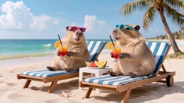 Two funny capybaras wearing colorful sunglasses relax with tropical drinks on beach loungers, humorous summer vacation concept by the ocean.