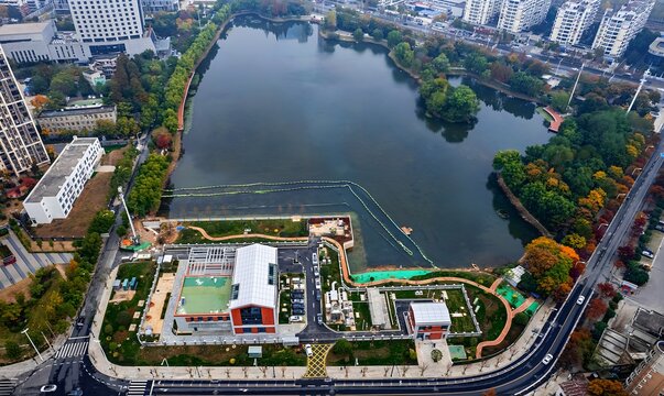 Aerial View of Urban Lakeside Pumping and Drainage Station Complex