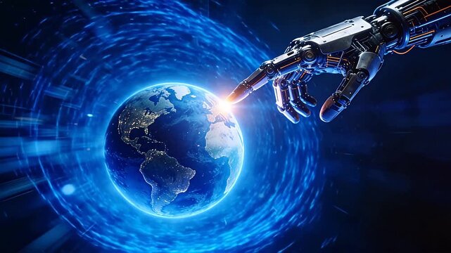 Robotic arm reaching toward glowing earth with orbital rings in deep space