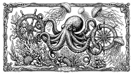 nautical octopus, octopus illustration, ship wheel, jellyfish art, sea creatures, coral reef, nautical border, vintage nautical, black and white engraving, ocean life, sailor tattoo style, maritime il © ahmed