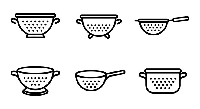 Kitchen Strainer Icons, Food Colander Vector Set, Cooking Utensil Collection