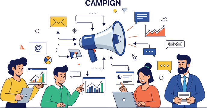 Business team discusses marketing campaign strategy with charts and graphs