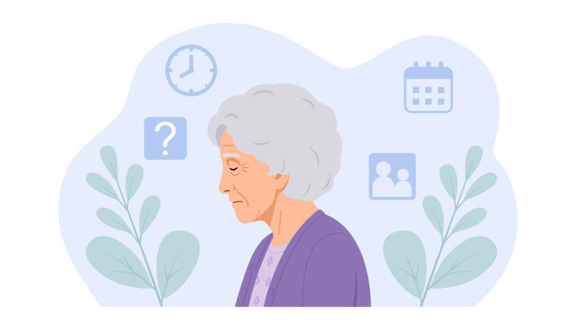 Vector illustration of a sad elderly woman with brain thinking problems, Alzheimer's disease, dementia and memory loss concept.