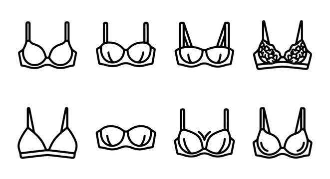 Vector Bra Icons Set: Lingerie Styles, Underwear Silhouettes, Fashion Line Art Collection