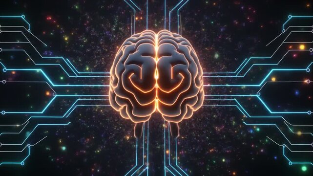 Glowing digital brain on circuit board representing artificial intelligence and neural network technology