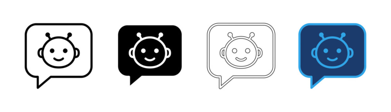Set of four simple chat bubble icons with cute cartoon robot face for messenger and digital apps isolated on transparent background