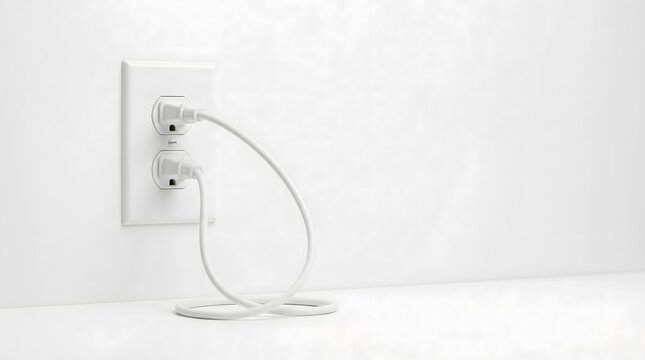 White electrical wall socket with plug cable looping back to plug into same socket forming closed loop on white wall, always on digital burnout endless cycle concept art horizontal copy space