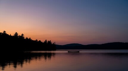 Fototapeta premium A serene sunset view over a tranquil lake with a lone canoe.