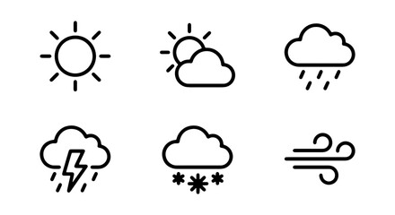 Obraz premium Weather Icons Set, Sunny Day, Rain, Snow, Thunderstorm, Wind, Forecasting Symbols