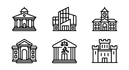 Fototapeta premium Government Building Icons, Civic Architecture Set, Courthouse and Castle Vector Graphics