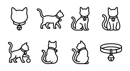 Fototapeta premium Cute Cat Icons Set, Vector Line Art Pet Illustrations, Animal Silhouettes with Collars and Bells
