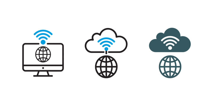 Internet Service Icons Multiple Style Design Featuring WiFi, Broadband, Cloud and Online Network Symbols