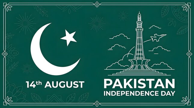 Pakistan independence day illustration with crescent moon minar e pakistan and jet