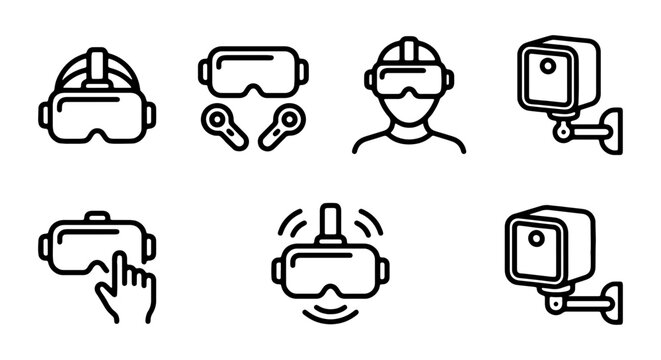 Virtual Reality VR Headset Icons, Futuristic Technology, Digital Entertainment, Gaming Gear, Surveillance Cameras