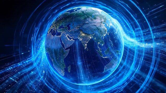 Earth globe showing Asia and city lights surrounded by blue data flows and lines in deep space