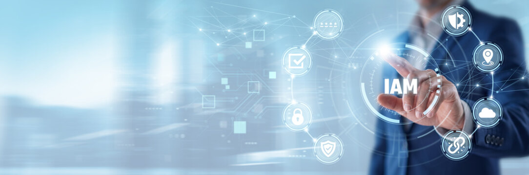 IAM, Businessman touching identity access management dashboard and networking data, secure authentication systems, digital user authorization, cybersecurity and data protection solutions