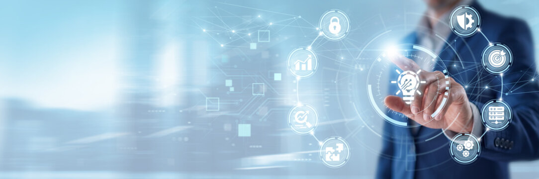 Innovation Technology, Businessman touching innovation technology platform and networking data, futuristic digital transformation, smart business automation, advanced corporate solutions concept