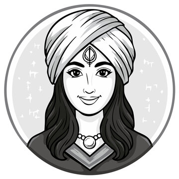 Monochrome animation portrait of a smiling Sikh woman wearing a traditional turban