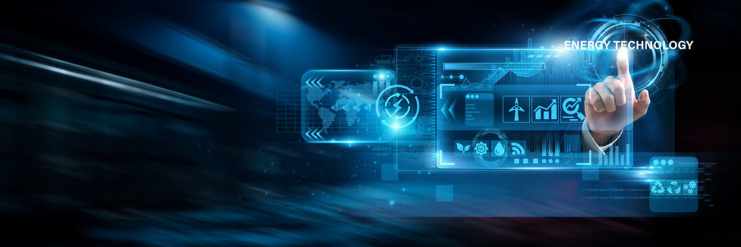 Businessman uses virtual smart dashboards analyzing energy technology data and renewable power solutions, sustainability analytics, energy efficiency, green innovation.