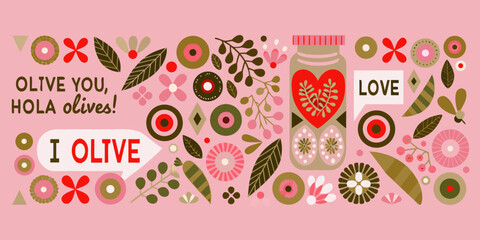 Olive And Heart Patterned Illustration With Text Romantic Style © Bibhas