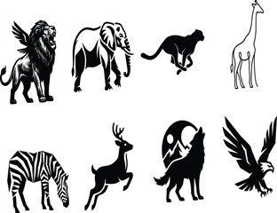 Wild animals vector icons set including lion elephant cheetah giraffe zebra deer wolf eagle silhouettes in image_d32cdc.png © Golam