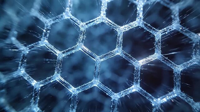 Microscopic hexagonal transparent crystal structure with light refraction and cold tones