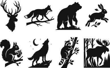 Wild Forest Animal Silhouette Collection Featuring Deer Fox Bear Rabbit Wolf Squirrel Raccoon and Moose © Golam
