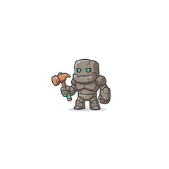 Fototapeta premium Stone Golem Creature With Glowing Teal Eyes Gripping A Bronze Mallet, Cute Cartoon Fantasy Style, Whimsical Character Design For Games And Storytelling Vector Illustration