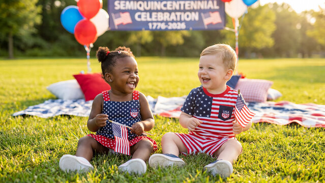 American Independence 250th Anniversary with two diverse toddlers holding flags on grass for multicultural holiday content and celebration marketing materials