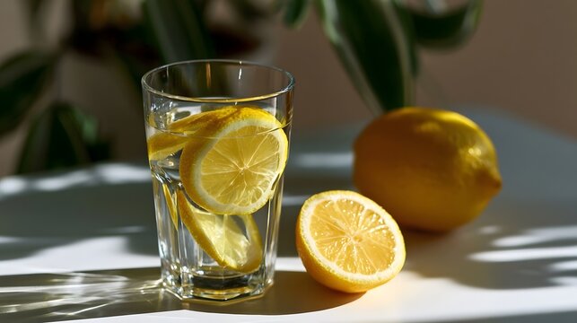Vibrant detox water with fresh lemon slices creates a calm and inviting scene for promoting health and hyd n