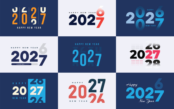 Big Set of 2027 Loading Celebration Background. 2027 New Year greeting card design. Collection of new year 2026 into 2027 Happy New Year eve party. Vector illustration.
