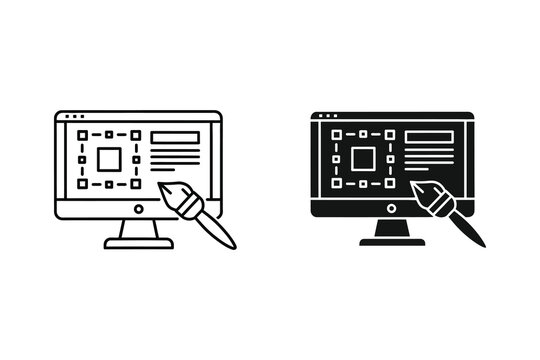 Computer screen with design interface and paintbrush, flat vector illustration
