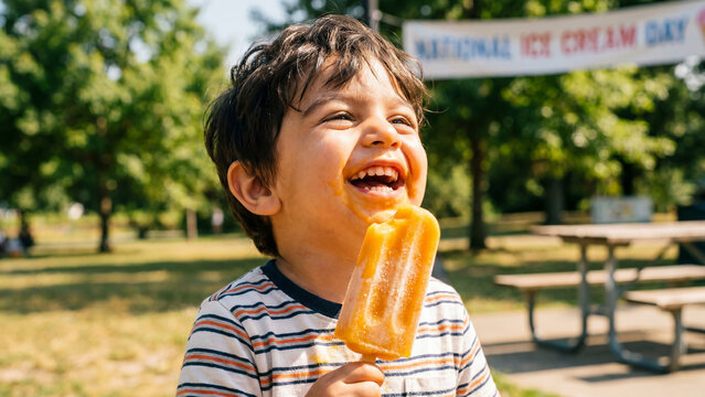 National Ice Cream Day celebration with Middle Eastern toddler boy eating orange mango popsicle for diverse summer treat holiday marketing and promotional content