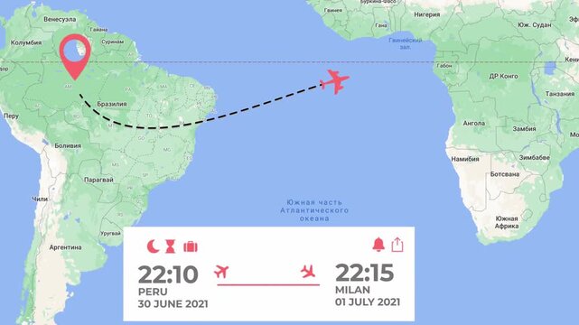 Animated Flight Tracker Map Showing Airplane Route from Peru to Milan with Flight Schedule