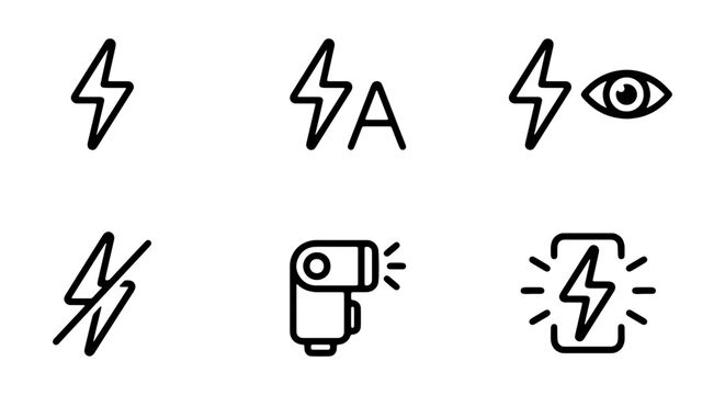 Photography Flash Icons, Camera Lighting Symbols, Studio Equipment Graphics, Vector Set