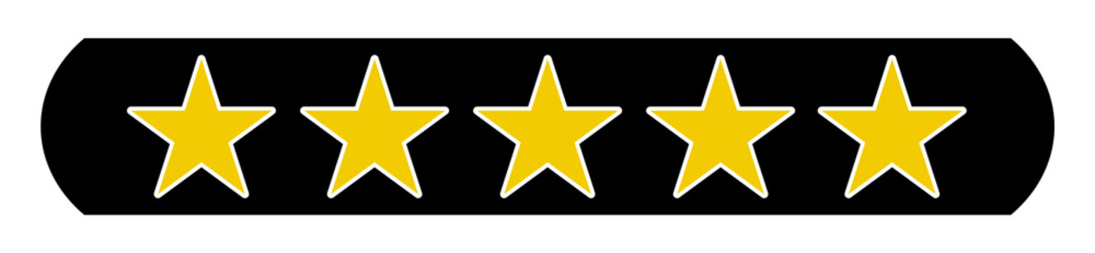 Schwarzer Button: Bewertung 5 Sterne - Stern Icons