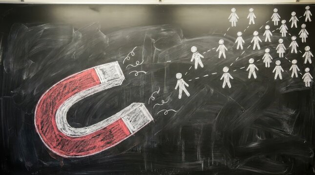 Concept art of magnet pulling male and female figures on chalkboard background representing customer magnetism.