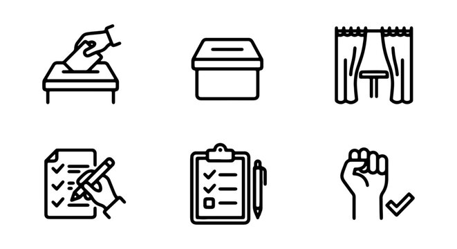 Voting Icons Set: Ballot Box, Hand Casting Vote, Checklist, Poll Booth, Fist Symbol