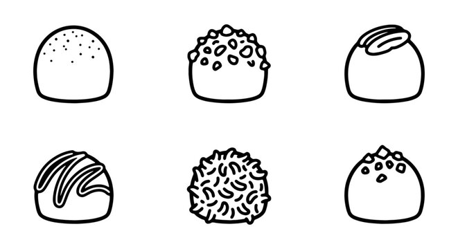 Six Hand-Drawn Chocolate Truffles, Sweet Confections, Dessert Icons, Vector Set