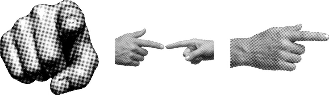 Halftone illustration of three hands in different pointing gestures isolated on white background