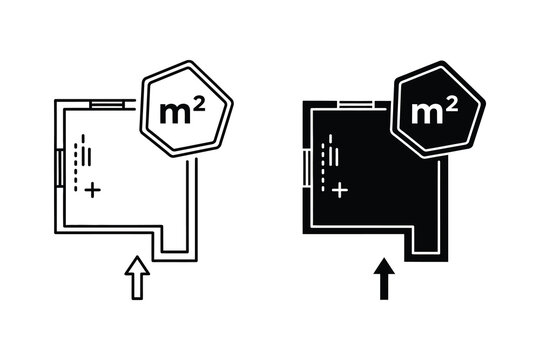 Floor plan with m2 icon, line art and solid fill vector illustration