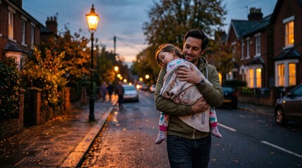 Obraz premium Caring father gently carries his sleeping young child through a quiet residential street at dusk, a sweet family moment