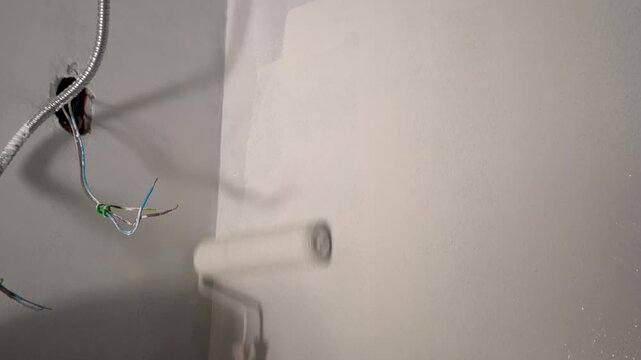 Person Painting White Wall with Paint Roller