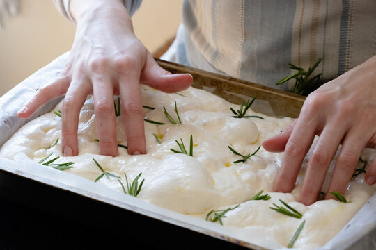 Unrecognizable female's hands gently pressing down on soft, risen dough in a baking tray. Fresh rosemary is placed on top as the baker prepares to create focaccia. Traditional bread making