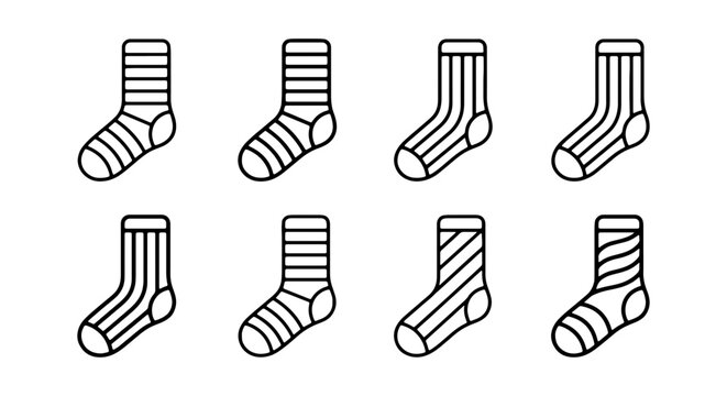 Striped Socks Icons, Cozy Footwear Graphics, Warm Apparel Vector Set