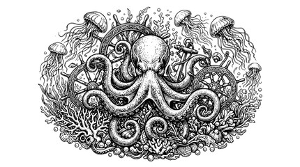 octopus jellyfish, nautical octopus, ship wheel art, underwater scene, sea life engraving, coral and shells, black and white nautical, ocean creatures, vintage maritime, detailed line art, hand drawn  © ahmed