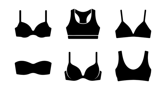 Black Bra Icons Set, Lingerie Vector Graphics, Women's Underwear Silhouettes