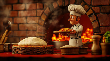 Obraz premium A chef prepares a pizza in a brick oven with food and tools nearby indoors.