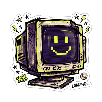 A cartoon illustration of a purple crt computer monitor with a smiley face on screen isolated on transparent background