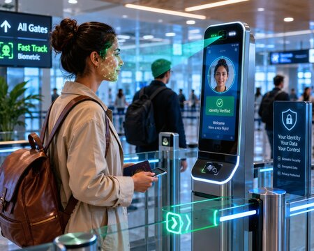 Woman using facial recognition scanner at airport security gate for biometric identity verification with digital overlay